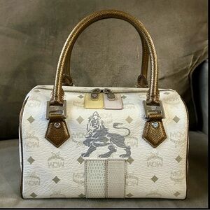 MCM Limited Edition Visetos Princess Lion Boston Bag Leather Monogram White